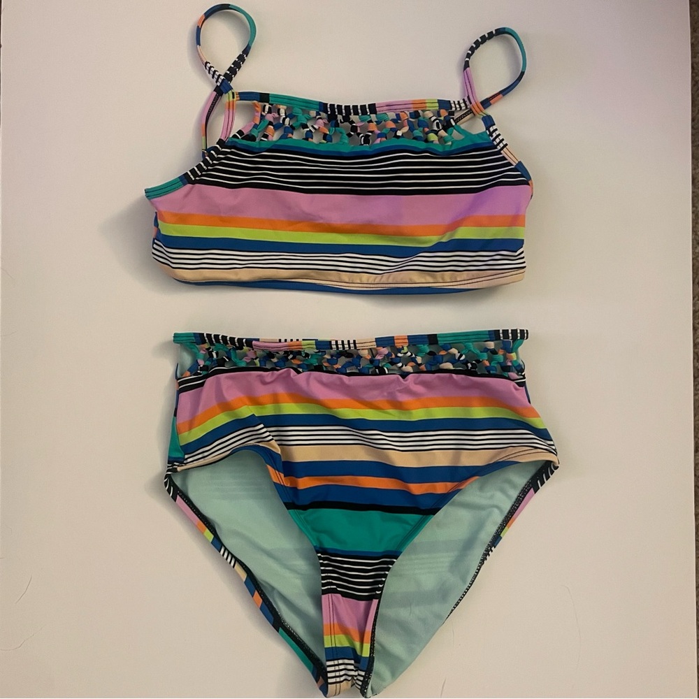 Hobie Girls Striped Bikini with Crochet Detail Swimsuit (Size 12)